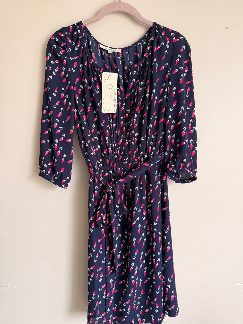 Daniel Rainn Navy Midi Dress with Pink and White Floral Motif